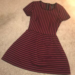 Red and black horizontally striped dress.